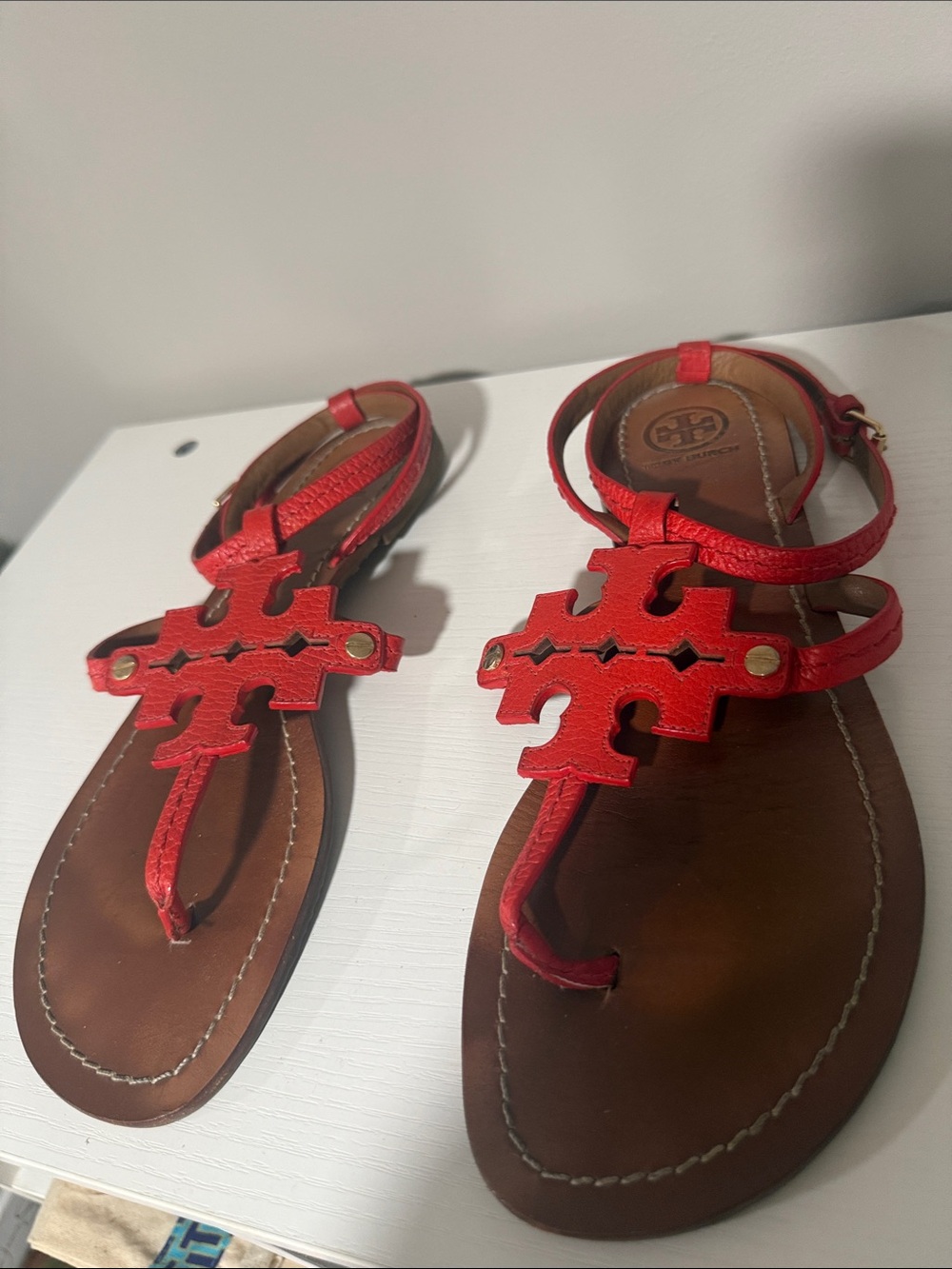 Tory Burch Red Leather Logo T-Strap Sandals